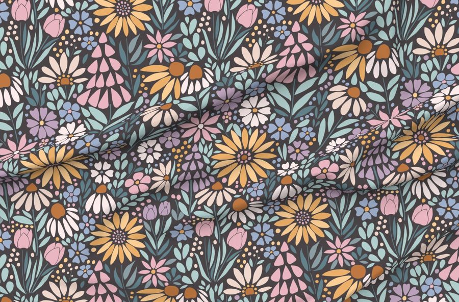 Retro Floral Mosaic In Sunny Yellow. Charcoal Gray And Lilac Purple (M)