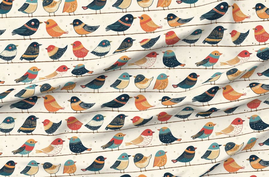Colorful Patterned Little Scandi Birds On A Wire On Ivory