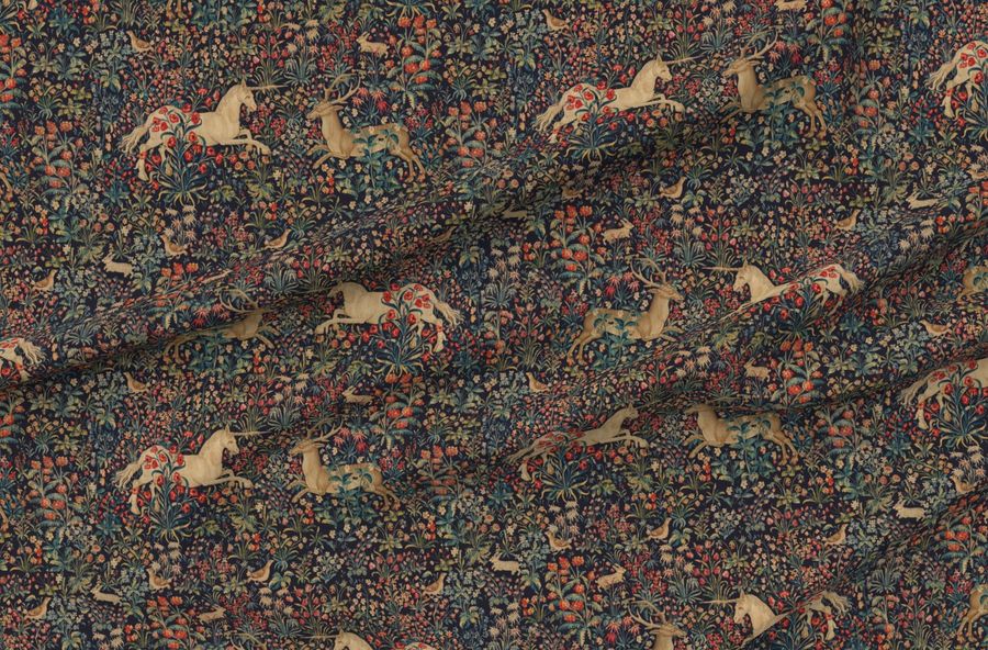 Ancient Medieval Unicorn + Stag Midnight Floral Tapestry - Jumbo 24" Repeat