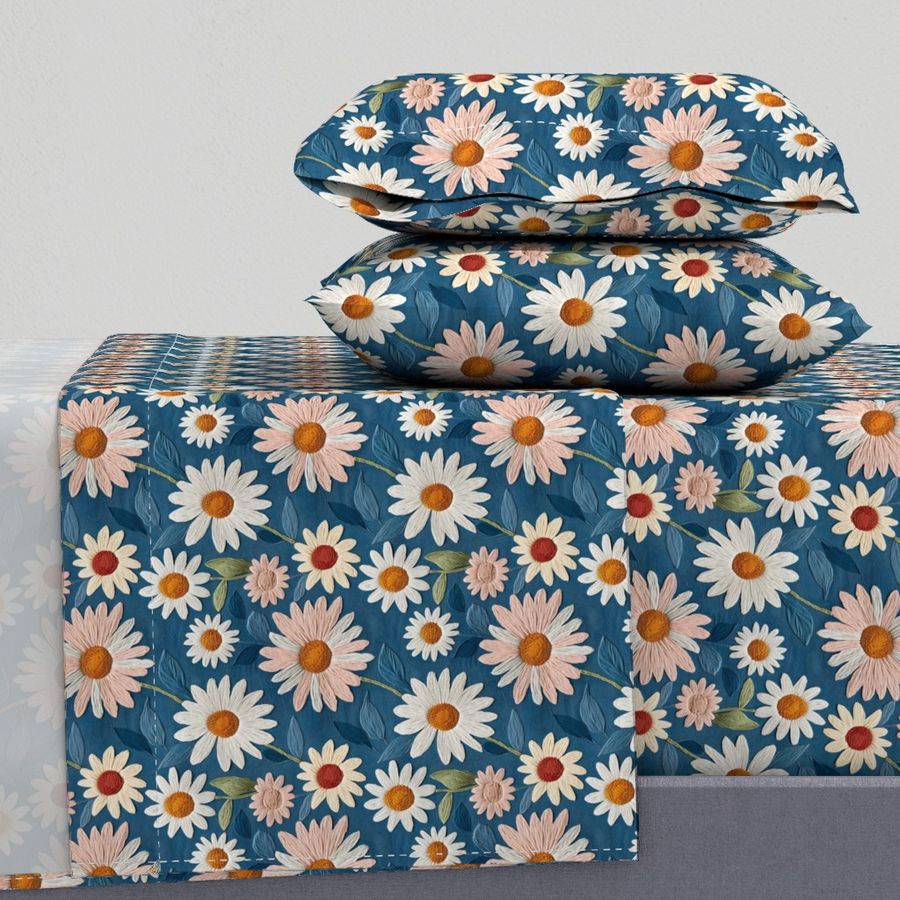 Spoonflower Daisies 3d Realistic Embroidery Textured Spring Floral Flowers King Sheet Set