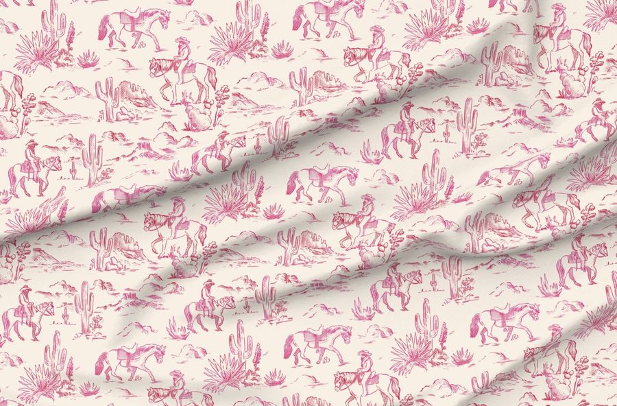 Xl Desert Scenic Cowboy Toile De Juoy Hand-Drawn Western Landscape Pink Red