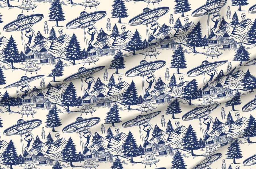 (L) Alien Abduction Toile De Jouy Spaceships Mountains Trees Blue Cream