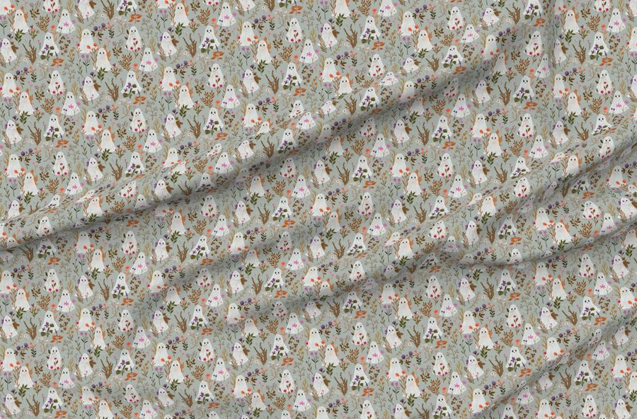 Ghost Garden - Soft Gray - Cute Ghosts Fall Florals Cozy Halloween Sewing