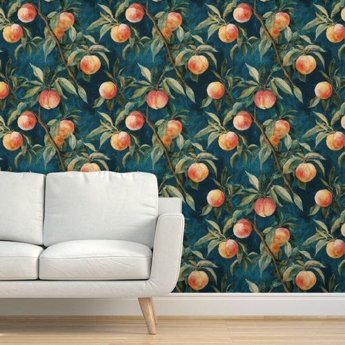 Peel and Stick Wallpaper Painterly Peaches With Green Leaves On Deep Teal Blue Background 2' x 12' Removable