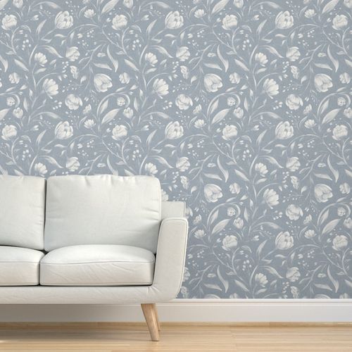 Peel and Stick Wallpaper Xl Isla Vintage Trailing Floral Wildflowers Tonal Country Blue And Cream  Removable