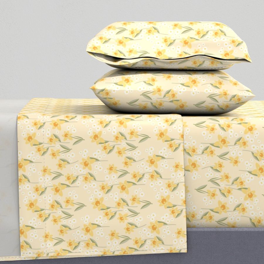 Spoonflower Wild Spring Garden Daffodils And Daisies Vanilla Yellow Full Sheet Set