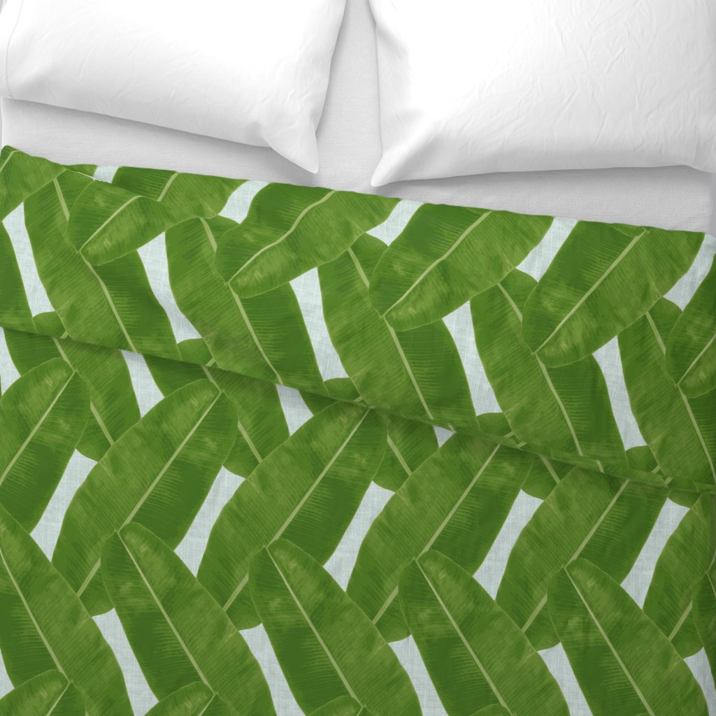 Palm Leaf Tropical Banana Leaves Botanical Green Sateen Duvet Cover by Roostery 