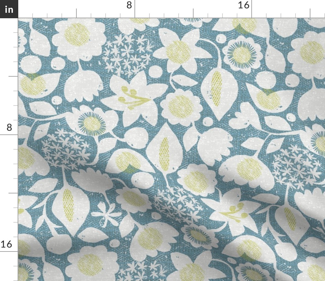 Table Runner Flowers Blue Floral Abstract Vintage Look Modern Cotton Sateen