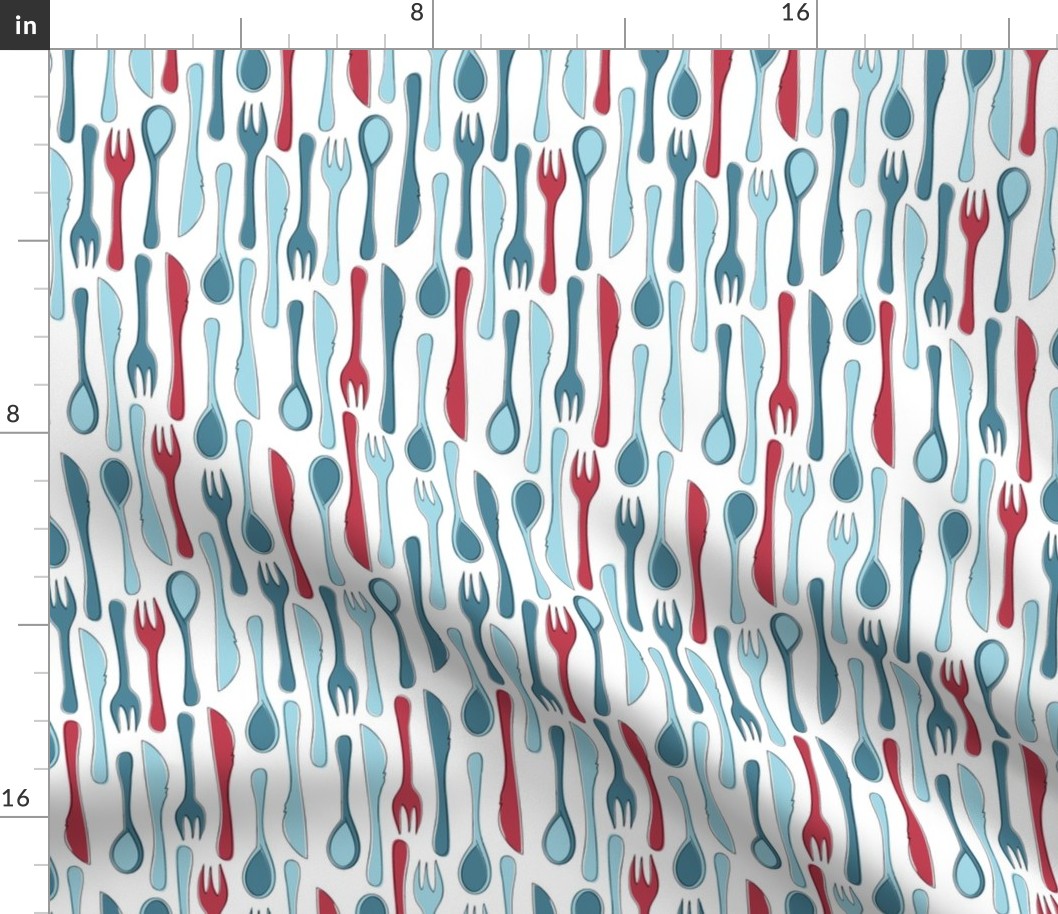 Utensil Red White Blue Knifes Forks Spoons Fabric Printed by