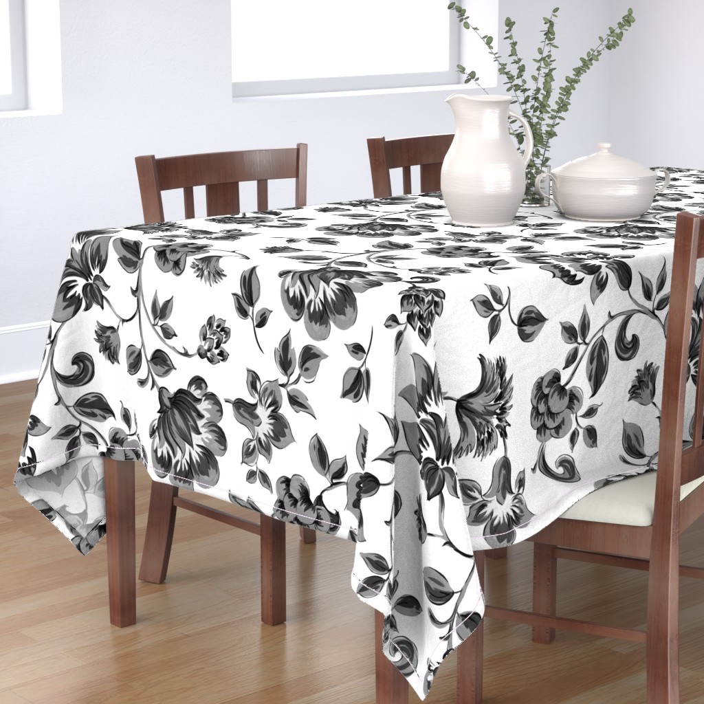 Round Tablecloth Black And White Floral Flowers Mod Retro Boho Cotton Sateen 