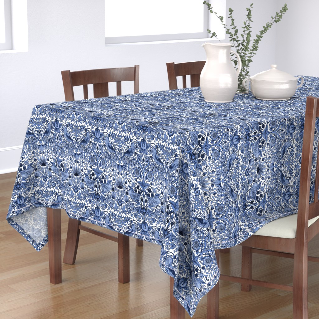 Tablecloth Strawberry Blue White Damask Classic Floral Bird Coba