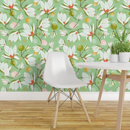 Magnolia Blossom - Floral Mint Green - Spoonflower