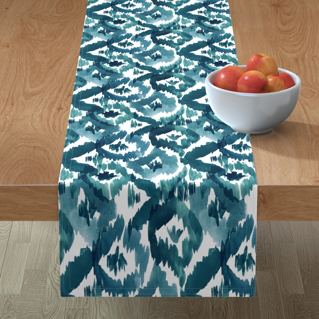Table Runner Watercolor Ikat Blue And White Horse Shoe Abstract Cotton Sateen 