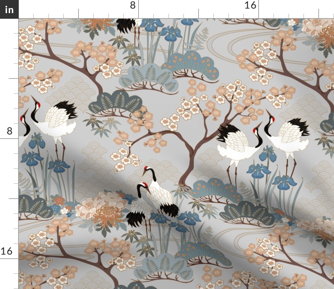Table Runner Japanese Garden In Crane Cranes Cherry Blossoms Birds Cotton Sateen 
