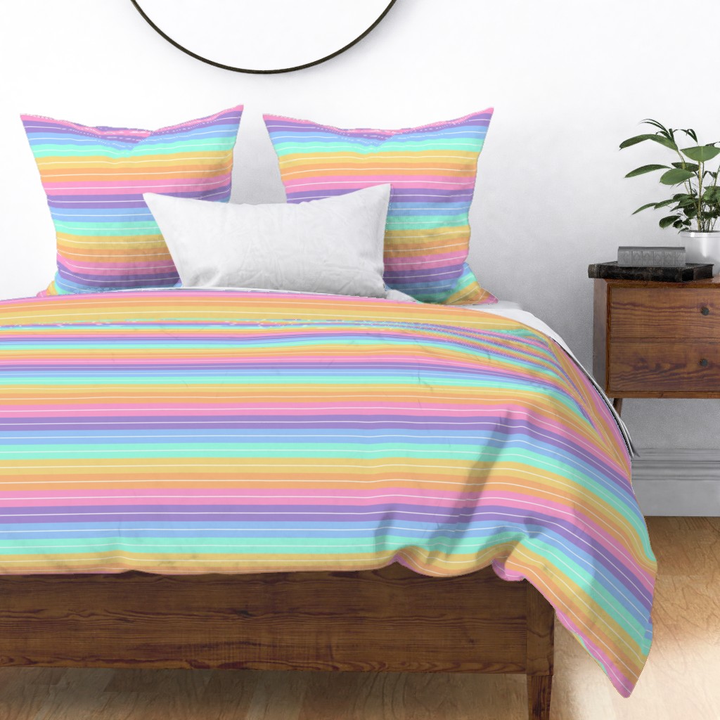 70S Pastel Rainbow Stripes Large Sateen Duvet Cover by Roost