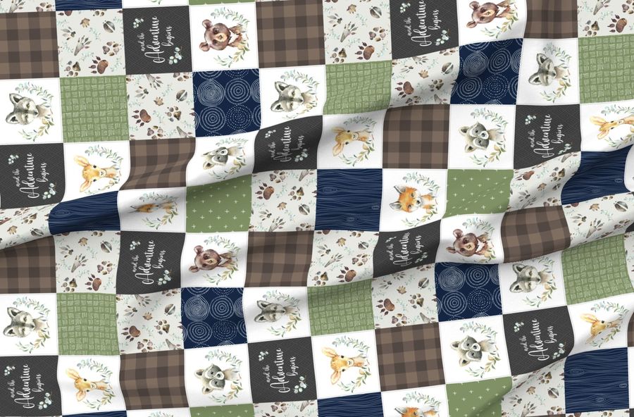 Woodland Animal Tracks Quilt Top Navy Brown + Green Patchwork Cheater Quilt
