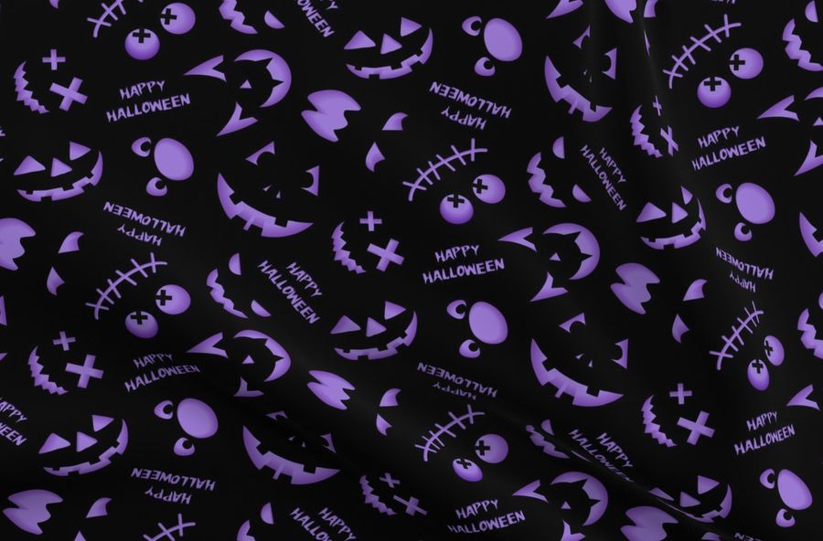 Satin Fabric Swatch  Halloween Purple JackOLantern Face Pumpkins Custom Printed Fabric by Spoonflower