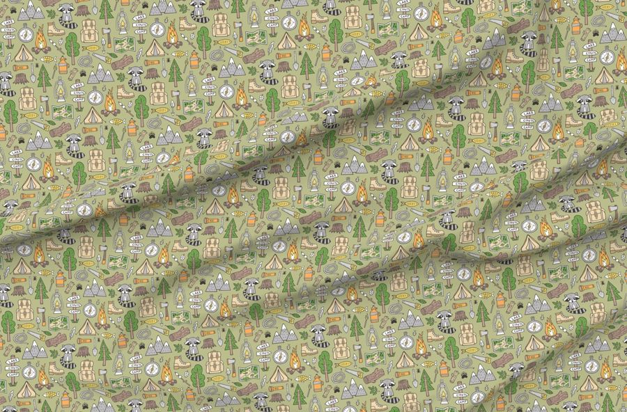 Outdoors Camping Woodland Doodle With Campfire Raccoon Mountains Trees Logs