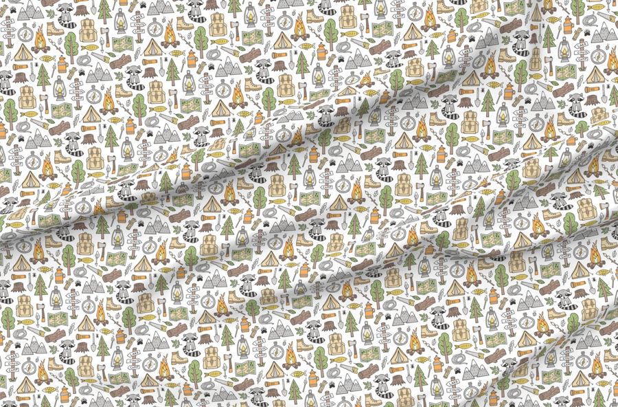 Outdoors Camping Woodland Doodle With Campfire Raccoon Mountains Trees Logs