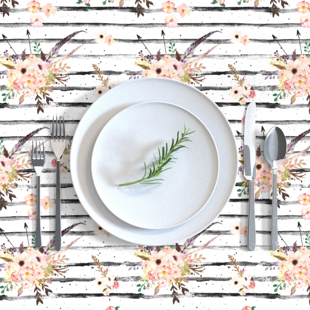 Round Tablecloth Stripes Black And White Flowers Floral Pink Boho Cotton Sateen 