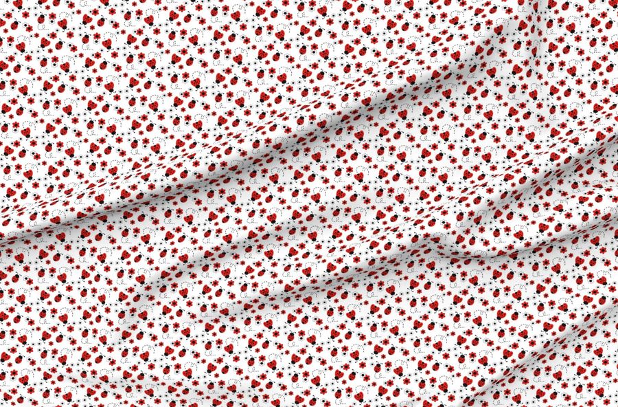Classic Cherry Poppy Red Ladybug Black White Flowers Small Scale Pattern