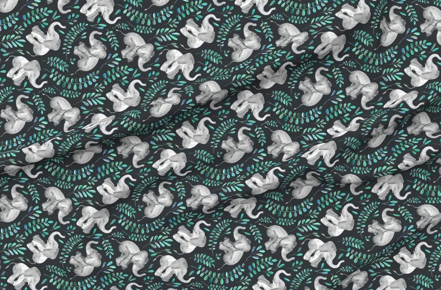 Rotated Laughing Baby Elephants With Emerald And Turquoise Leaves Large