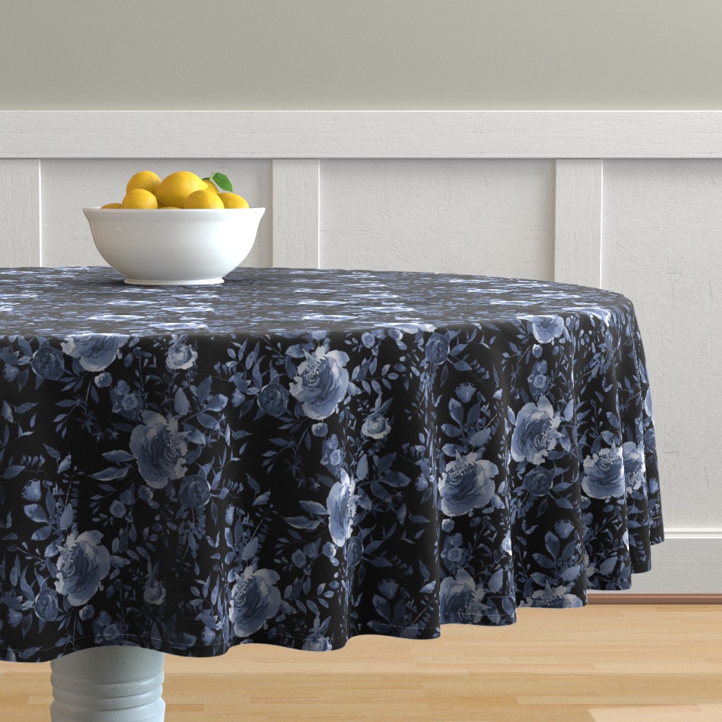 Tablecloth Blue Navy Indigo Floral Flowers Boho Nursery Cotton Sateen 