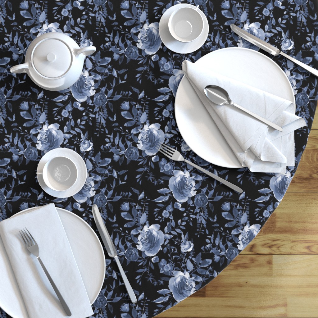 Tablecloth Blue Navy Indigo Floral Flowers Boho Nursery Cotton Sateen 