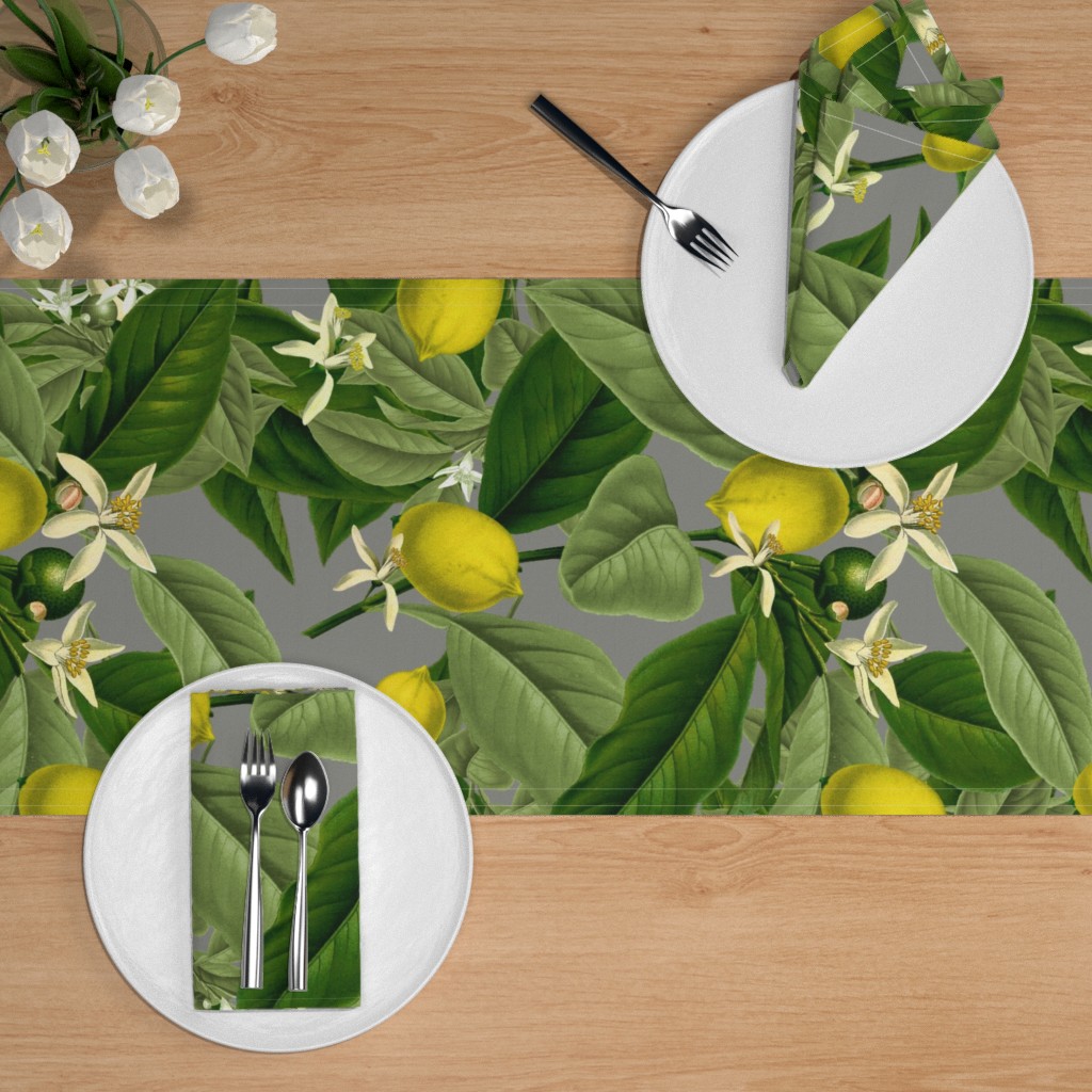 Table Runner Lemon Botanical Leaves Plants Tropical Modern Cotton Sateen 