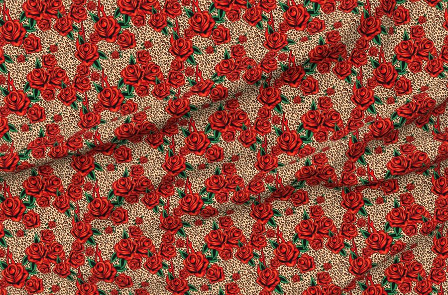 Red Tattoo Roses On Leopard Print Retro Rockabilly Style Floral