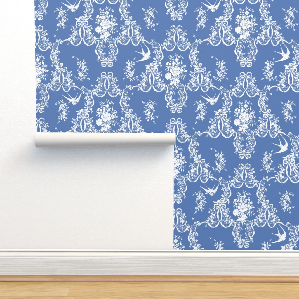 Traditional Wallpaper Toile Flowers Floral Blue White Delft Birds French |  eBay