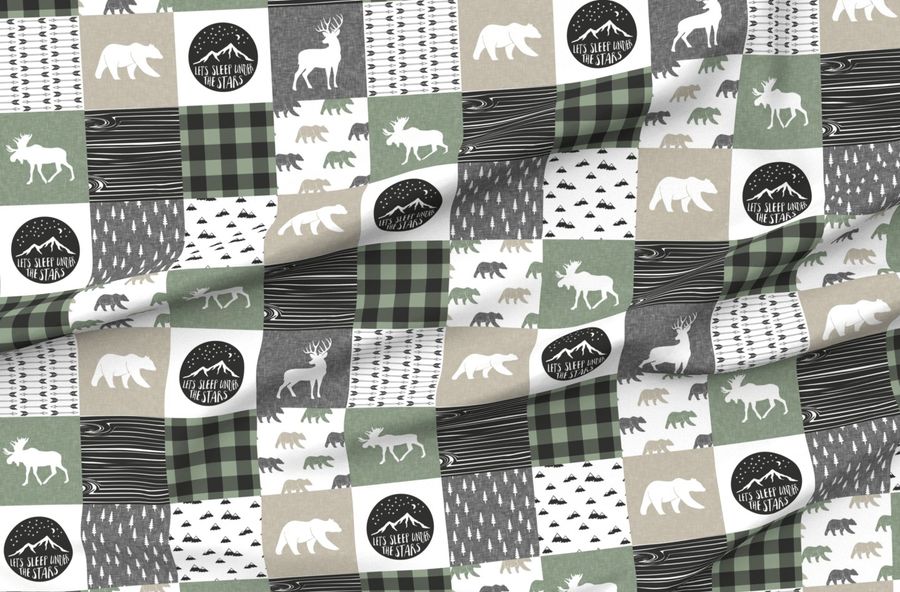Happy Camper - Sage Grey Tan Woodland Patchwork