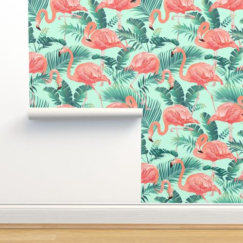 Flamingos On Teal Tropical Birds Tropical Plants by Furbuddy