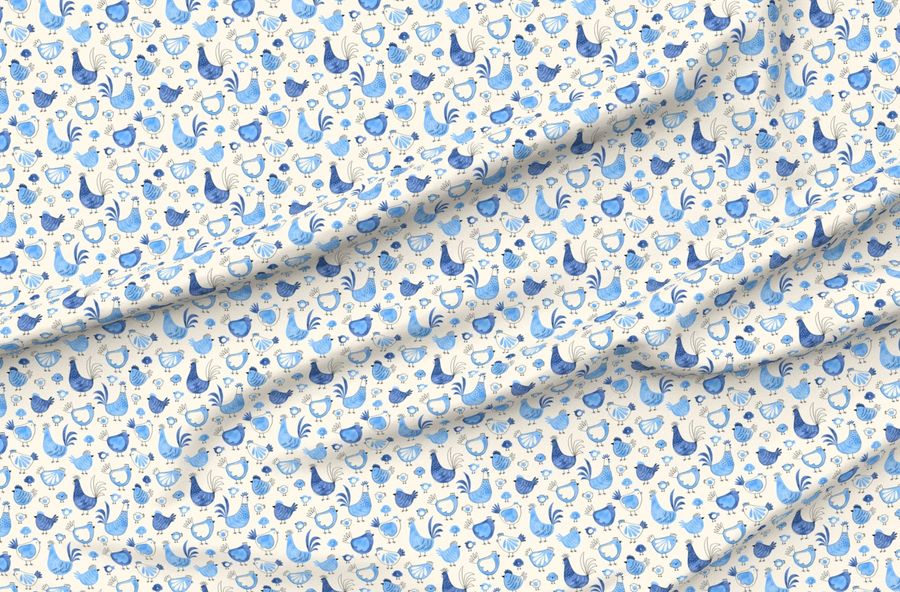 Chicken And Rooster In Watercolor Blue On Creme