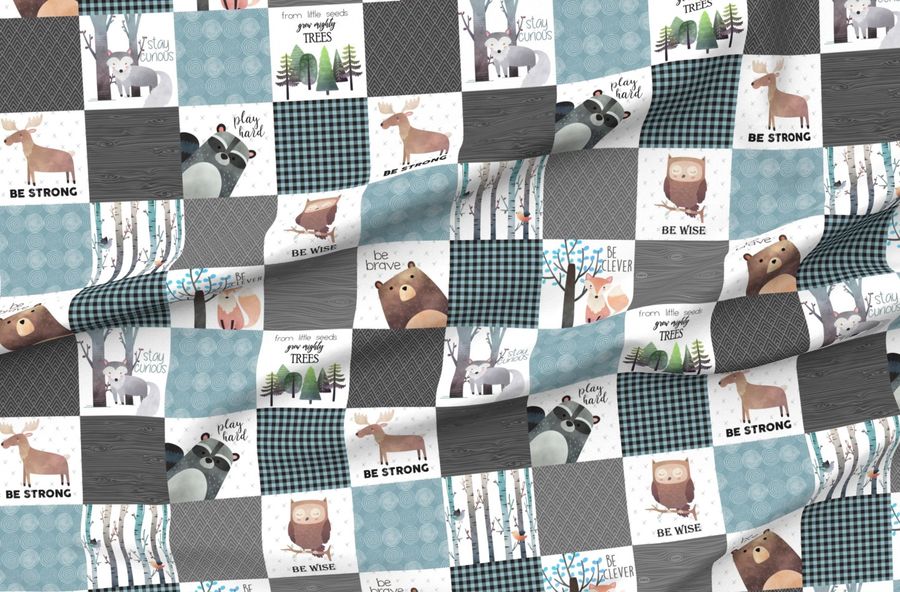 Woodland Critters Patchwork Quilt Bear Moose Fox Raccoon Wolf Gray Blue
