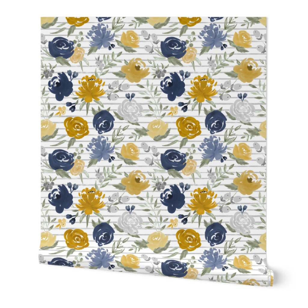 Peel-and-Stick Removable Wallpaper Large Scale Navy Blue Mustard