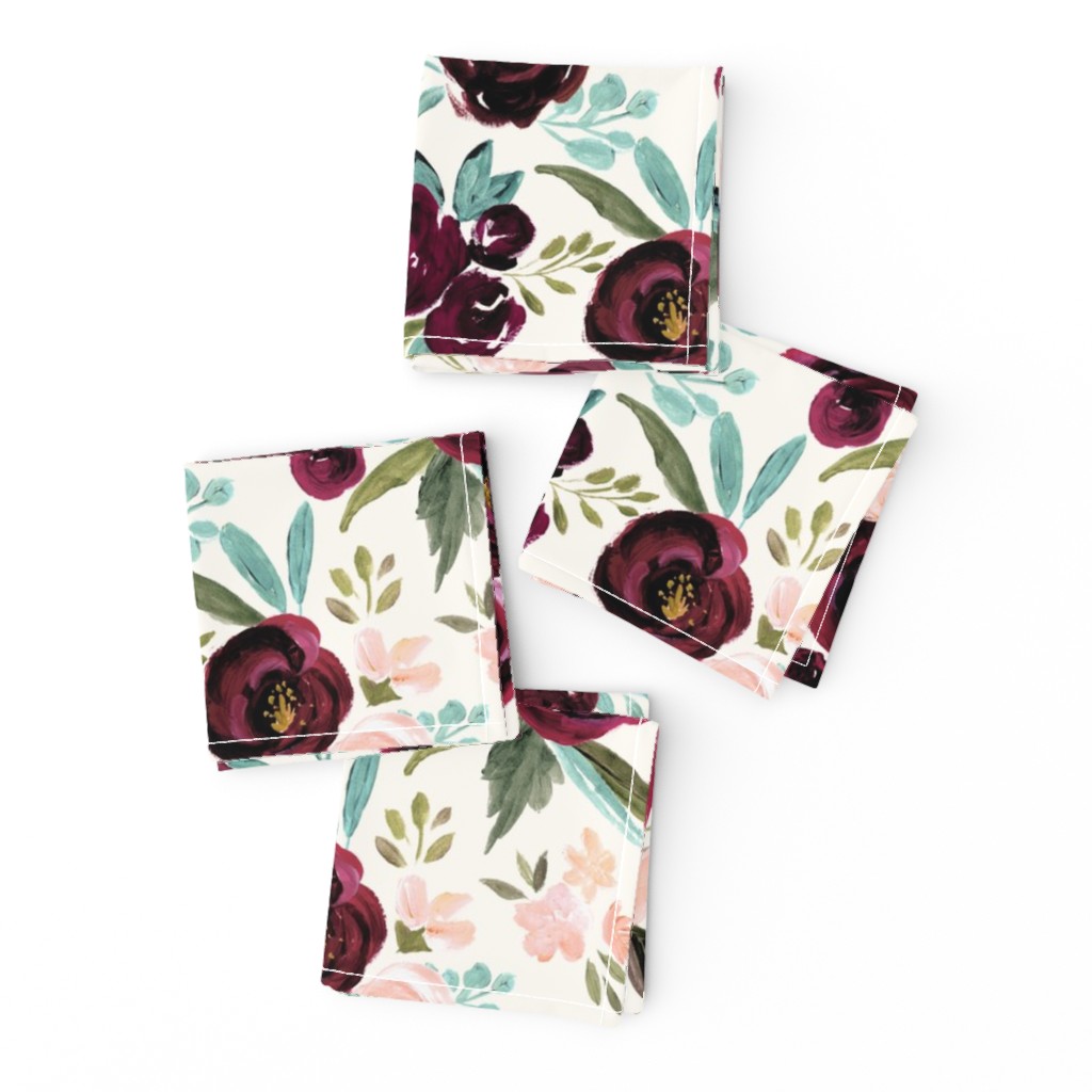 Cocktail Napkins Floral Watercolor Dark Roses With Leaves Rose Plum Set ...