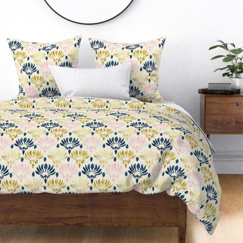 Lotus Mustard Blue Pink Floral Tangerinetane Navy Sateen Duvet