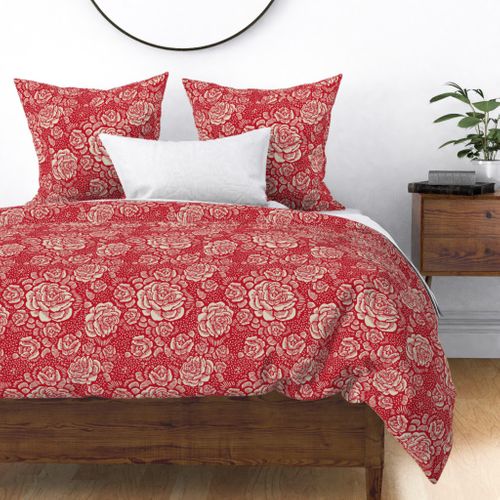 Rose Festive Floral Flowers Red Christmas Cream Sateen Duvet Cover