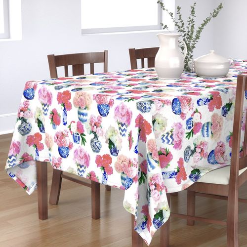 Spoonflower Cotton Sateen Tablecloth, 70" Square - Peony White Floral Chinoiserie Flower Watercolor Custom Table Linens by Spoonflower