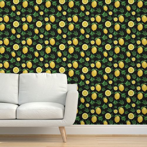 Peel-and-Stick Removable Wallpaper Lemons Citrus Lemon Pattern Black