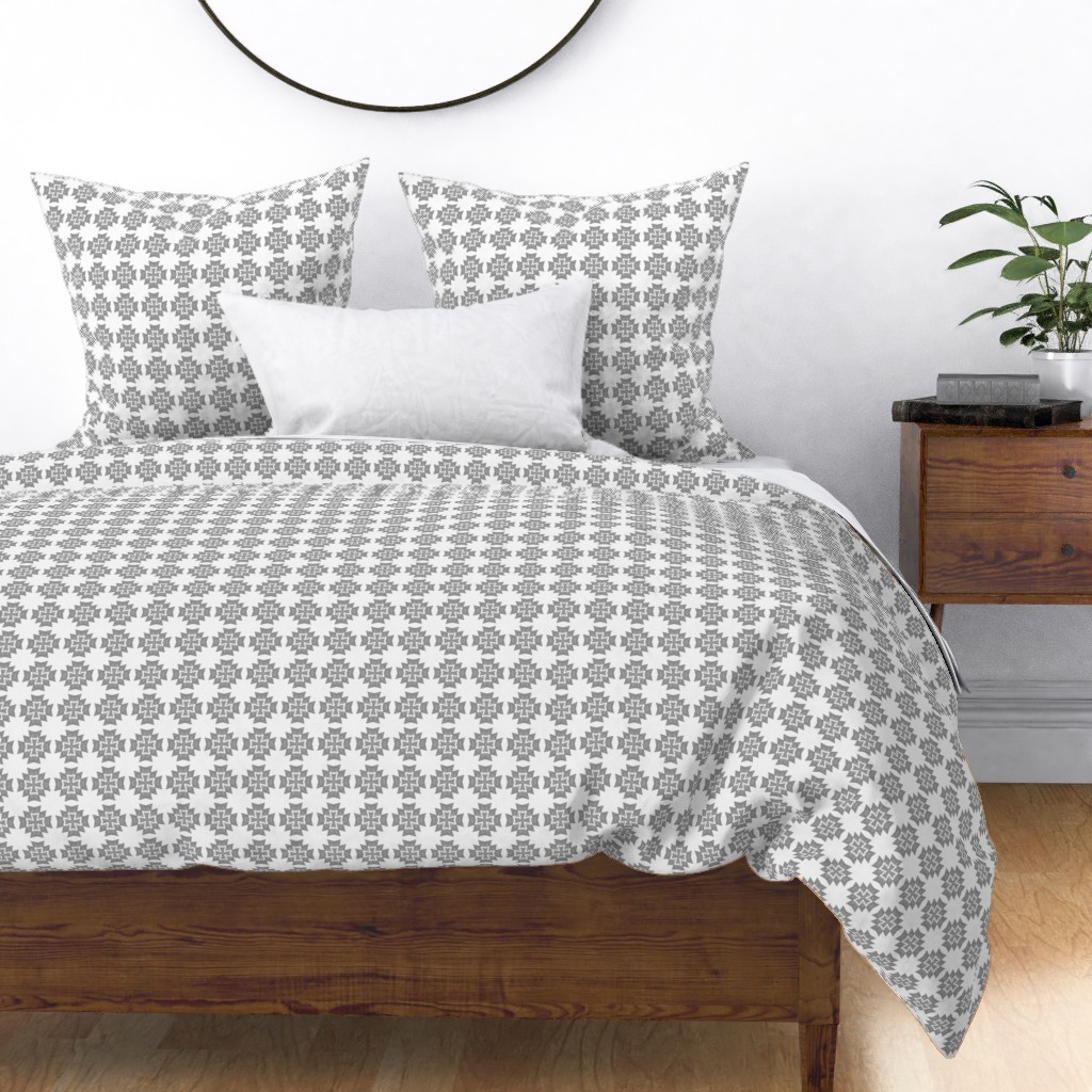 Grey White Maltese Cross Starburst Frame Sateen Duvet Cover By