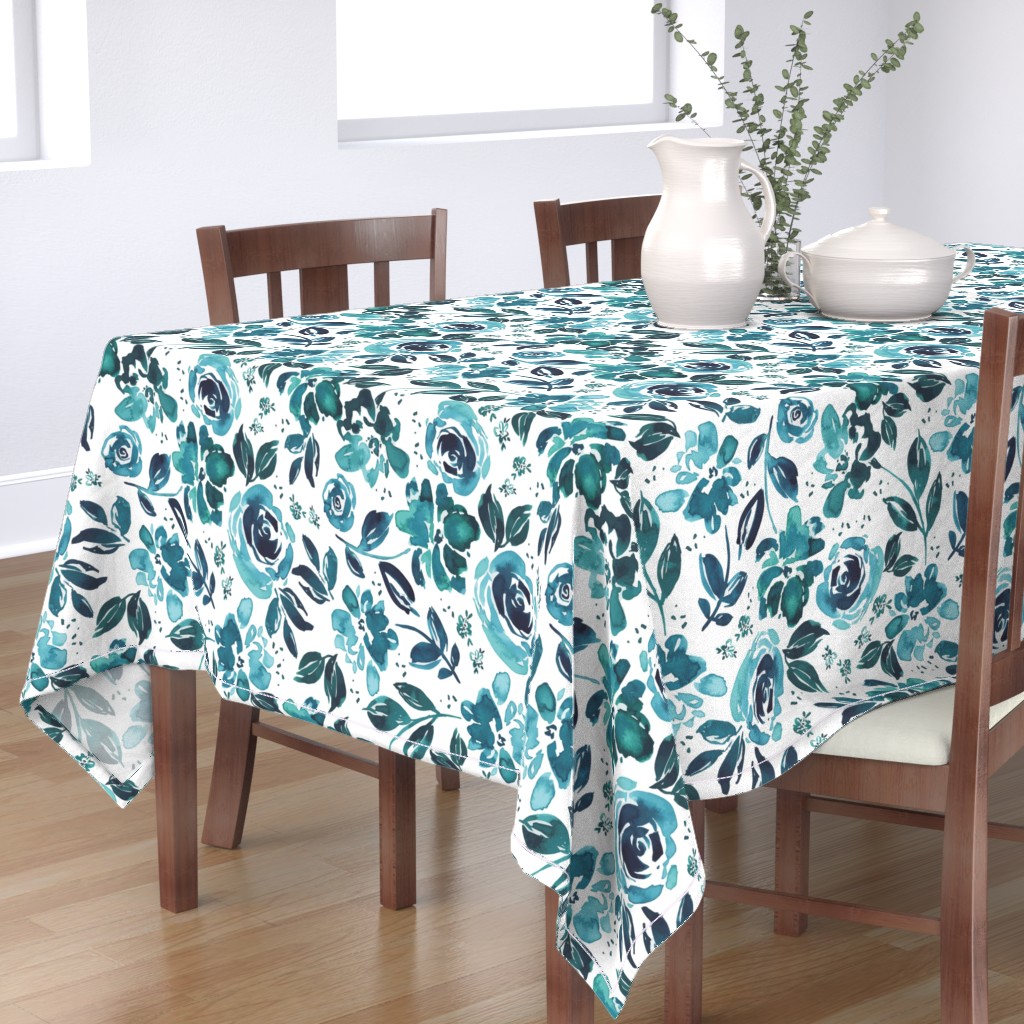Tablecloth Water Blue Teal Leaves Watercolor Cotton Sateen 