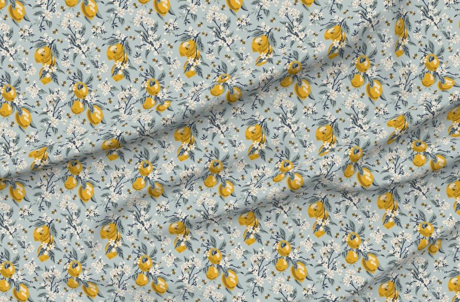 Lemons And Bees - Medium - Blue - (Original Colors) - Honey Bees - Floral