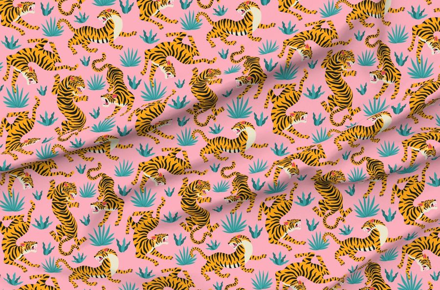 Tigers Dancing On Pink Asian Tiger Gold Orange And Black Animal Print