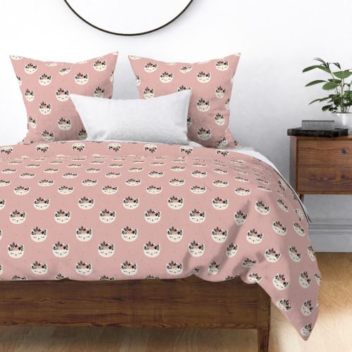 Cat Floral Blossom Dusty Pink Flowers Pink Animal Sateen Duvet