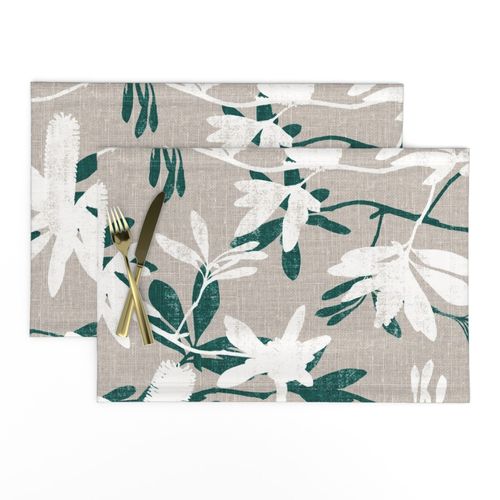 White Banksia on Emerald leaves Natural linen
