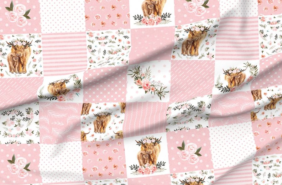 9" Pink Spring Floral Highland Cow Cheater Quilt