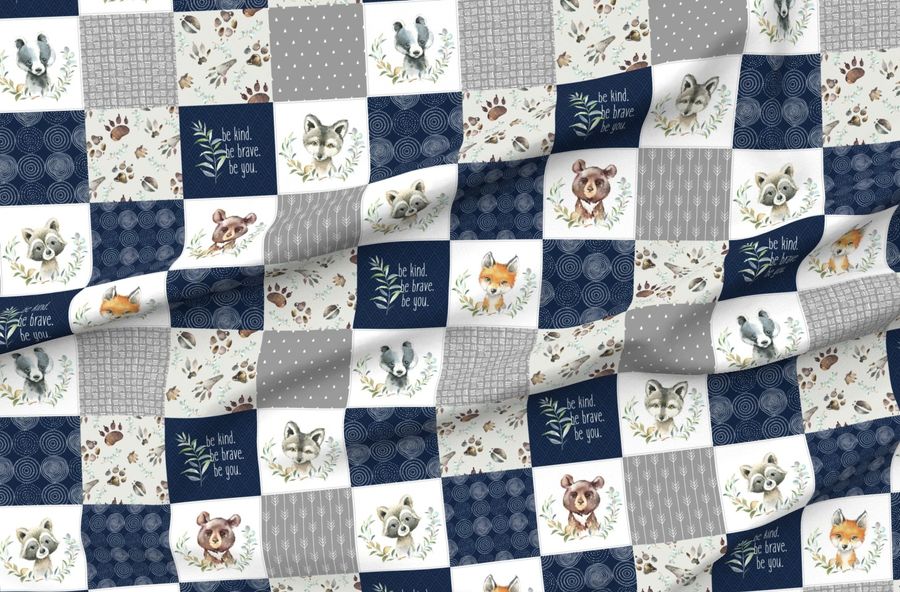 Woodland Animal Tracks Quilt Top Navy + Grey Patchwork Cheater Quilt Style