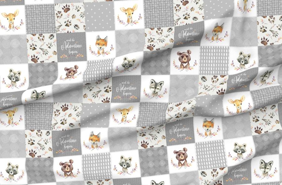 Woodland Animal Tracks Cheater Quilt Adventure Gender Neutral Gray
